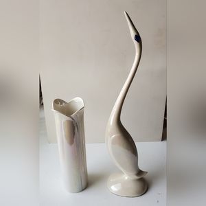 SWAN AND VASE Iridescent Painted Ceramic Vase  and Swan from 1990.